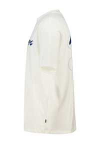 White cotton t-shirt with short sleeves. Features dark blue text and green abstract shapes on the front. Relaxed fit with a straight hem.