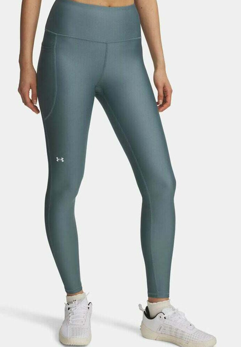 Helle türkisfarbene, knöchellange Leggings mit hohem Bund, aus dehnbarem Material, ausgestattet mit einer Seitentasche und subtilen Logodetails.