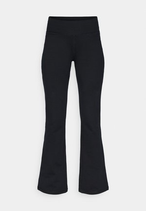 Calças pretas estilo boca de sino com um cós alto e largo. Feitas de um tecido elástico, com uma textura suave e sem padrões ou ferragens visíveis.