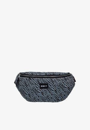 Marsupio a vita con stampa zebra grigia e nera, zipper superiore e patch con il logo "Roxy" al centro frontale.
