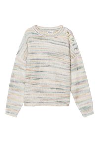 Mehrfarbiger Pullover mit rundem Ausschnitt, strukturiertem Strick, auffälligen horizontalen Streifen in Pastellfarben und drei dekorativen Knöpfen an der Schulter.