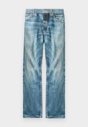 Jean en denim bleu clair délavé avec une coupe droite, poches avant, passants pour ceinture et fermeture par bouton.