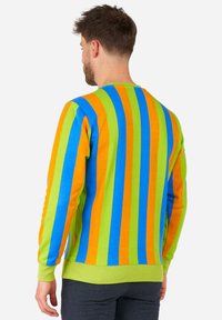 Bunter Sweatshirt mit vertikalen Streifen in Blau, Grün, Orange und Gelb. Hergestellt aus weichem Stoff mit gerippten Bündchen und Saum.