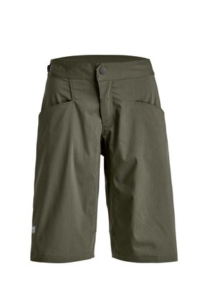 Olive green knee-length shorts with front pockets, button closure, and a small logo patch on the lower left leg.