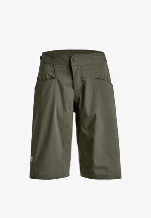 Olive green knee-length shorts with front pockets, button closure, and a small logo patch on the lower left leg.