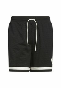 Black athletic shorts made of textured mesh fabric. Features a white drawstring and white stripe along the hem. Adidas logo in white.