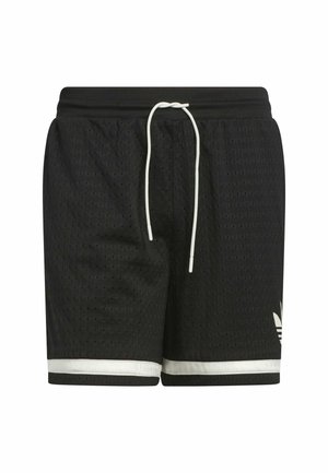 Melni sporta šorti, kas izgatavoti no teksturēta acu auduma. Iezīmēts ar baltu auklu un baltu svītru gar apakšmalu. Adidas logo baltā krāsā.
