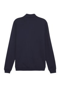 Marine sweatshirt med ribbet krave, lange ærmer og ribbet manchetter. Glat stoftekstur og simpel design, ingen synlige mønstre eller hardware.