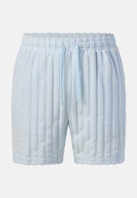 Shorts en éponge bleu clair à rayures verticales, taille élastique et cordon de serrage devant.