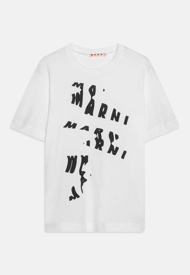 Camiseta de algodón blanca con una impresión distorsionada en negro de la palabra "MARNI" en el frente. Cuello redondo y mangas cortas.
