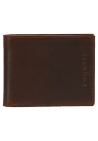 Brown leather wallet with a smooth texture, bi-fold design, and embossed logo on the front. Features stitched edges and a classic shape.