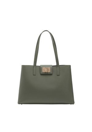 Struktureret olivengrøn læderhåndtaske med dobbelthåndtag og en rektangulær lås i guldfarve på frontklappen.