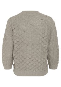 Strickpullover in hellgrau mit Struktur und lässiger Passform, präsentiert in einem Wellenmuster sowie einem gerippten Kragen und Bündchen. Die Rückseite ist nahtlos und hat eine gestrickte Textur.