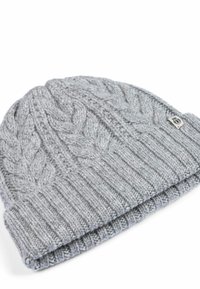 Gray knitted beanie with a cable pattern, featuring a ribbed edge and a small logo tag on the side. Soft texture and rounded shape.