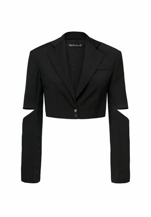 Čierne krátke sako s výrezovými klopami, dvoma prednými gombíkmi, náprsník s klopou a jedinečným otvoreným dizajnom rukávov, ktoré sa pretiahnu do úplnej dĺžky.