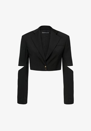 Blazer negro corto con solapas de muesca, dos botones frontales, bolsillo de solapa en el pecho y diseño único de manga abierta que extiende las mangas a su longitud completa.