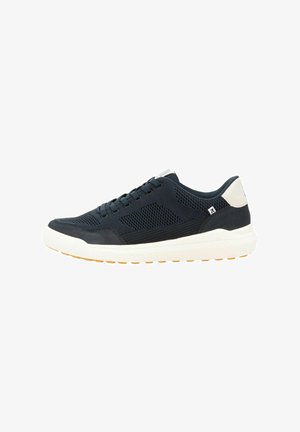 Navy-Mesh- und Wildleder-Sneaker mit runder Spitze, kontrastierenden beige Akzenten, weißer Zwischensohle und einem strukturierten Gummi-Außensohle. Schnürdesign.