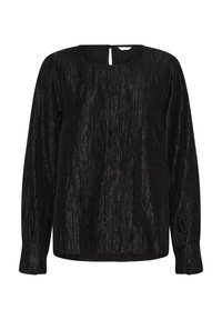 Blusa nera a maniche lunghe in tessuto testurizzato con una piccola apertura a chiave sul retro, chiusa da un bottone nella scollatura.