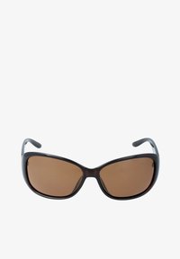 Okulary przeciwsłoneczne z ciemnobrązowymi soczewkami i błyszczącą, ciemnoskalną oprawą. Projekt charakteryzuje się szerokim kształtem w kocim stylu oraz smukłymi zausznikami.