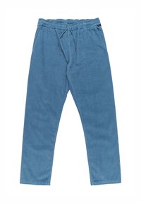 Pantalon en velours côtelé bleu avec taille élastique et cordon, avec poches latérales et coupe droite décontractée.