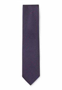 Navy tie with a textured design featuring small, repeating red and blue diamond patterns. Slim, pointed end; smooth fabric finish.