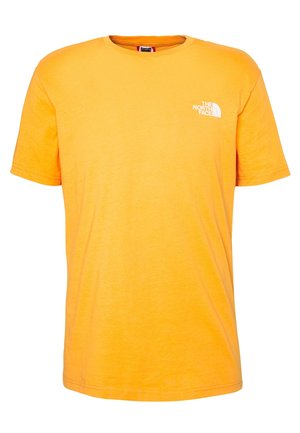 Maglietta a maniche corte di colore arancione brillante con scollo rotondo e logo bianco "The North Face" sul petto a sinistra.