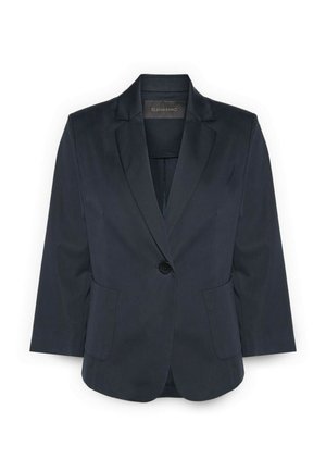 Granatowa marynarka na jeden guzik z klapami na zakładkę i przednimi kieszeniami, dopasowany krój, rękawy o długości trzy czwarte.