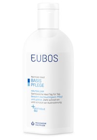 Eubos moisturizing balm in a white plastic bottle, featuring blue text and a simple, rounded design; emphasizes hydration and skin care.