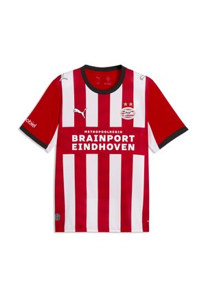 Maglia da calcio a righe verticali rosse e bianche con colletto nero, loghi Puma, stemma PSV Eindhoven e testo dello sponsor Brainport Eindhoven.
