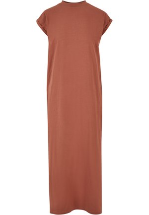 Rust-colored, knee-length dress made of soft fabric with short rolled sleeves and a round neckline, featuring a loose, relaxed fit.
