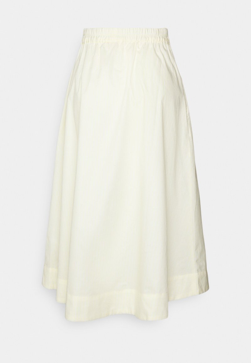 Vaaleankeltainen puuvillahame, jossa on joustava vyötärö, A-linjainen muoto ja sileä rakenne. Hameessa on polveen ulottuva helma ja hienovarainen kiilto.