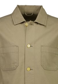 Koszula khaki o miękkiej fakturze, z ostrym kołnierzykiem, żółtymi guzikami i dwoma kieszeniami na piersi. Prosty wzór bez żadnych zdobień.