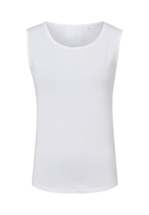 Weißes ärmelloses Oberteil aus weichem, elastischem Stoff. Verfügt über einen runden Ausschnitt und einen geraden Schnitt, ohne Muster oder Verzierungen.