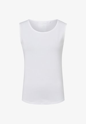 Weißes ärmelloses Oberteil aus weichem, elastischem Stoff. Verfügt über einen runden Ausschnitt und einen geraden Schnitt, ohne Muster oder Verzierungen.