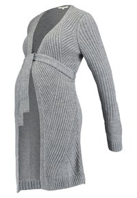 Šedý žebrovaný cardigan s dlouhými rukávy a zavazováním v pase. Má diagonální design a otevřený přední díl pro pohodlí.