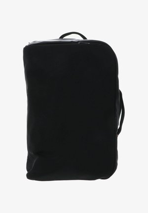 Sac à dos noir au design rectangulaire et épuré. Confectionné en tissu lisse, il dispose d'une poignée supérieure et d'une quincaillerie discrète.