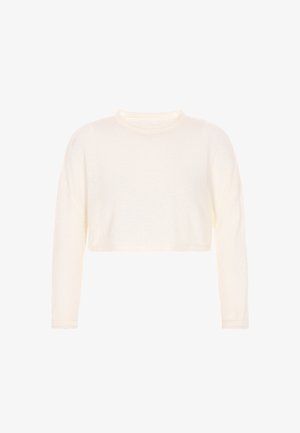 Adīta garo piedurkņu blūze baltā krāsā. Ar apaļu kakla izgriezumu un īsu dizainu ar teksturētu adījumu. Mīksts, viegls materiāls.