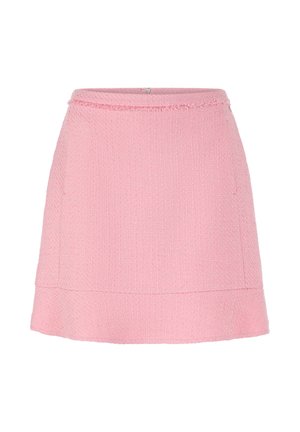 Pink textured mini skirt with a subtle fringe trim along the waistband and a horizontal seam near the hem.