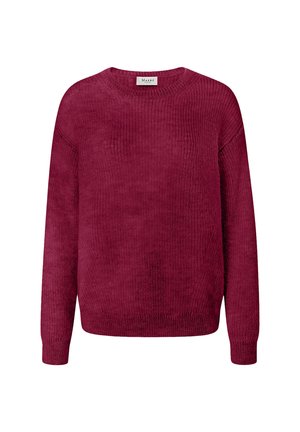Long-sleeve knitted sweater in deep red with a round neck and ribbed cuffs and hem, labeled Maerz.