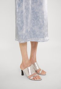 Sandales à glissière argentées métalliques avec une large bride et un seul anneau pour l'orteil. Les talons sont courts et noirs. Le modèle porte une robe semi-transparente à motif.