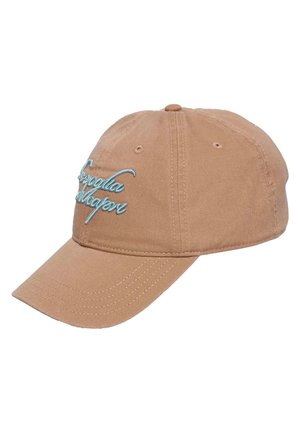 Light brown cotton baseball cap with light blue cursive embroidery on the front left panel, featuring stitched ventilation holes and curved brim.