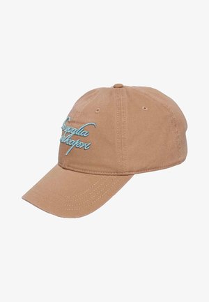 Light brown cotton baseball cap with light blue cursive embroidery on the front left panel, featuring stitched ventilation holes and curved brim.