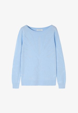 Šviesiai mėlynas megztinis su plačia laivagalio iškirpte, ilgomis rankovėmis ir sudėtingu lapų raštu. Ekrano ir rankovių elastiniai kraštai.