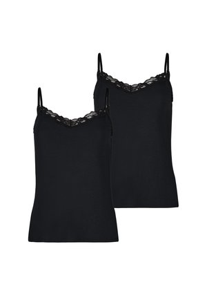 To sorte camisole toppe med tynde stropper og blonderkant langs V-udskæringen, vist mod en hvid baggrund.