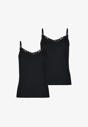 Zwei schwarze Camisole-Tops mit dünnen Trägern und Spitzenbesatz entlang des V-Ausschnitts, vor weißem Hintergrund präsentiert.