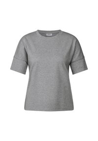 Grijze korte mouwen t-shirt van zacht materiaal met reliëf tekst "AESTHETIC" op de voorkant, ronde hals en een ontspannen pasvorm.