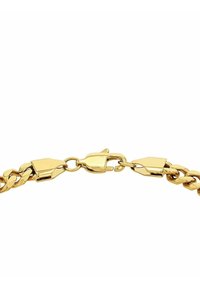 Bransoletka łańcuszkowa w złotym kolorze z każdym połączonym ogniwem, posiadająca solidny zapięcie typu lobster zapewniające bezpieczne zamknięcie oraz błyszczące metaliczne wykończenie.