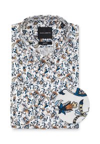 Slim-fit koszula z guzikami w kolorze białym z misternym wzorem kwiatowym w odcieniach niebieskiego, pomarańczowego i zielonego; zawiera pasujący fragment materiału w inset.
