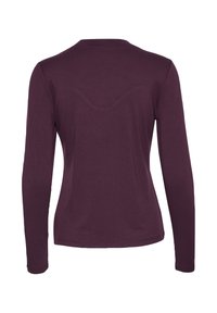 Maglia a maniche lunghe di colore viola scuro, realizzata in tessuto morbido. Presenta un collo rotondo e un design aderente con dettagli back senza cuciture.