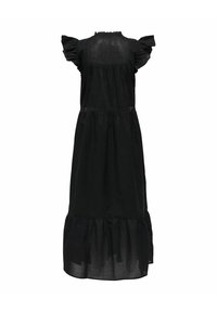Black linen dress with short ruffled sleeves, a gathered waist, and a tiered ruffle hem. Lightweight and flowy fabric, knee-length design.